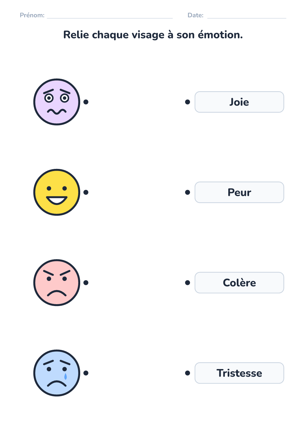 Émotions – fiche — relie visage et mot (facile, à imprimer)
