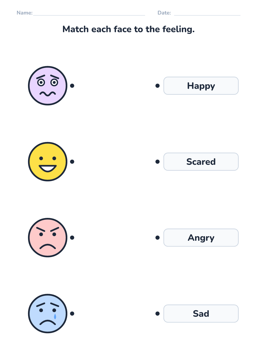 Emotions worksheet — match face and word (easy, printable)