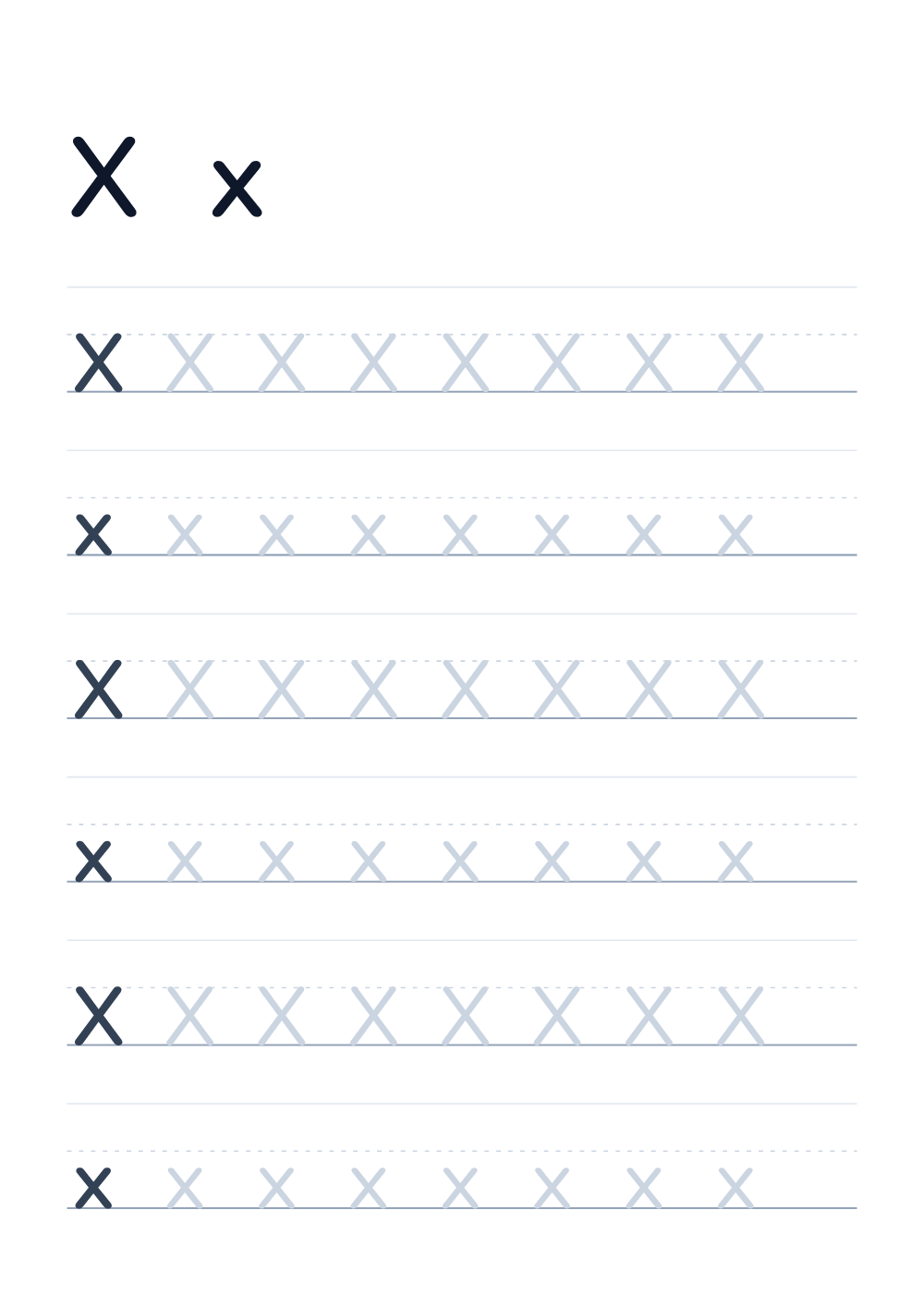 Impara a scrivere la lettera X — alfabeto inglese (stampabile)