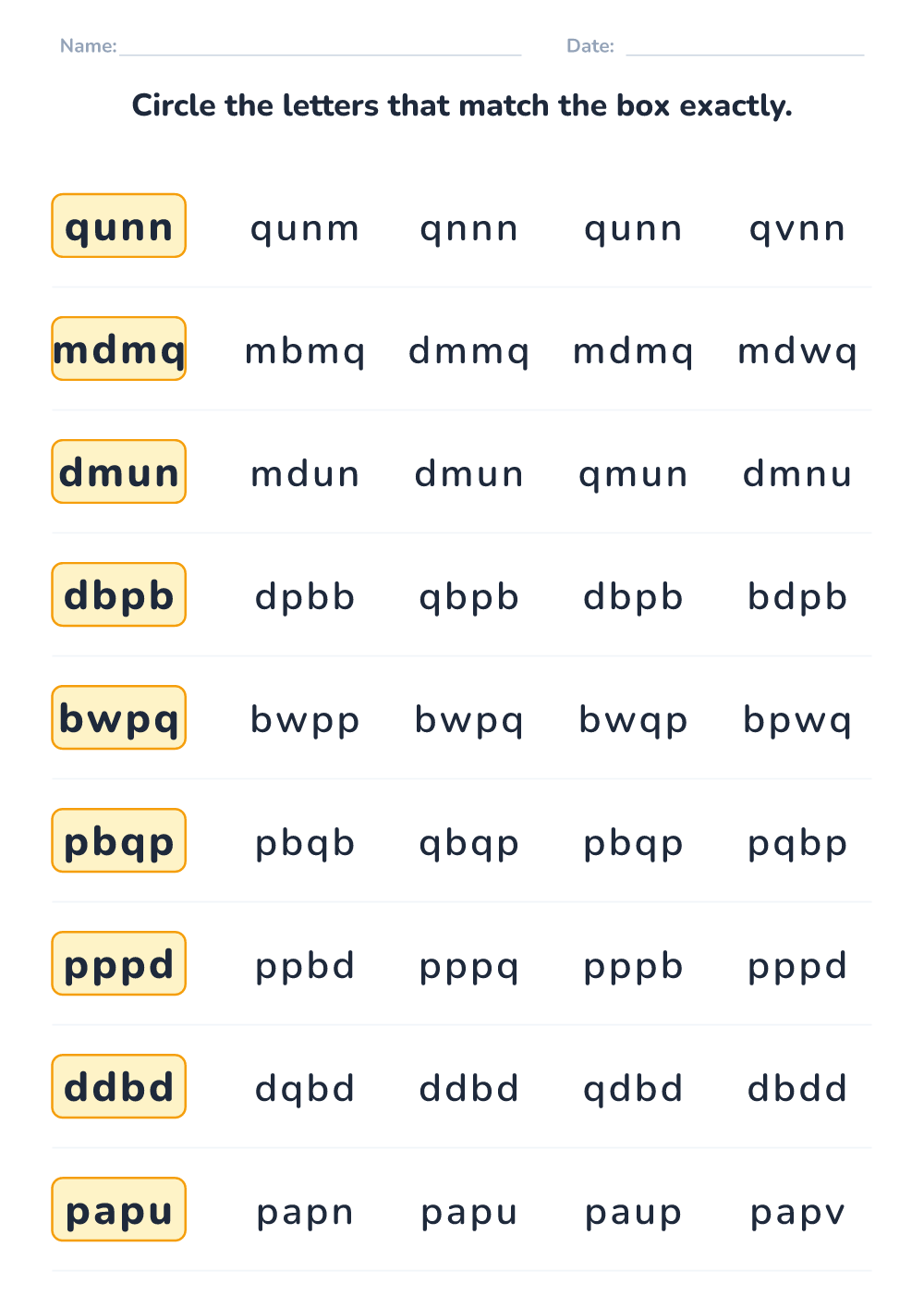 Letter sequence matching (medium, printable)