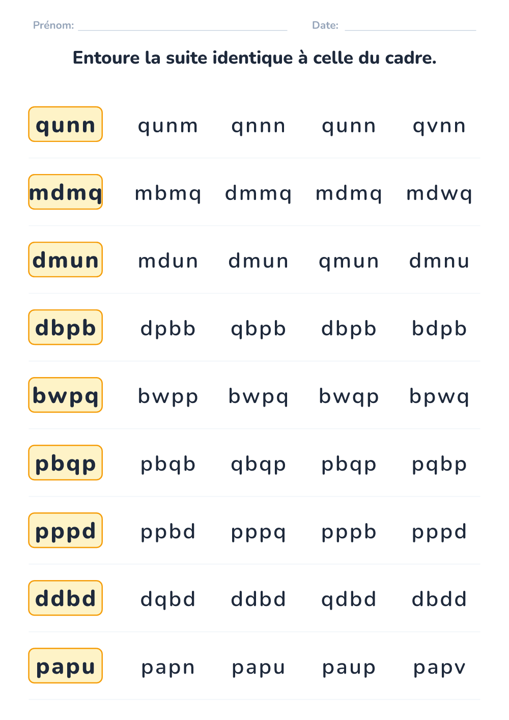 Suites de lettres identiques (moyen, à imprimer)