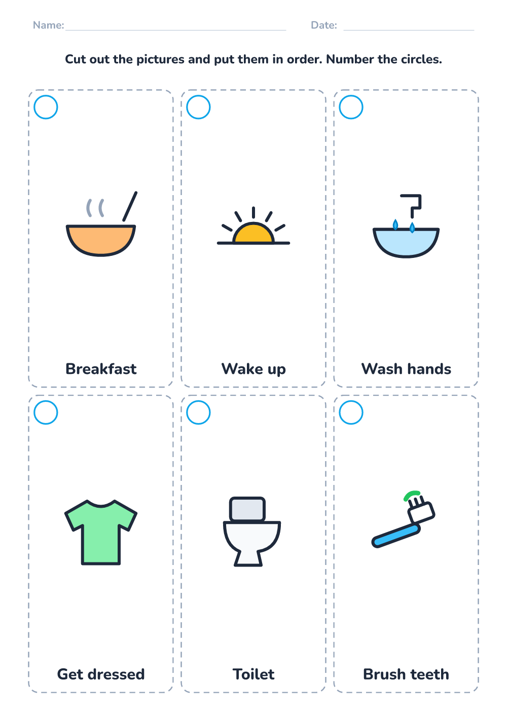 Picture sequencing — morning (hard, printable)