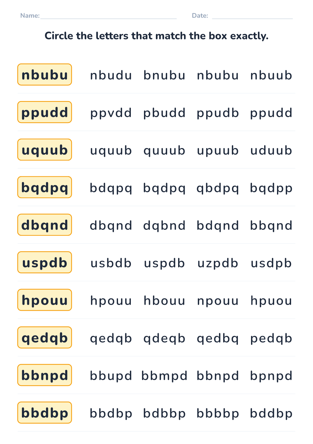 Letter sequence matching (hard, printable)