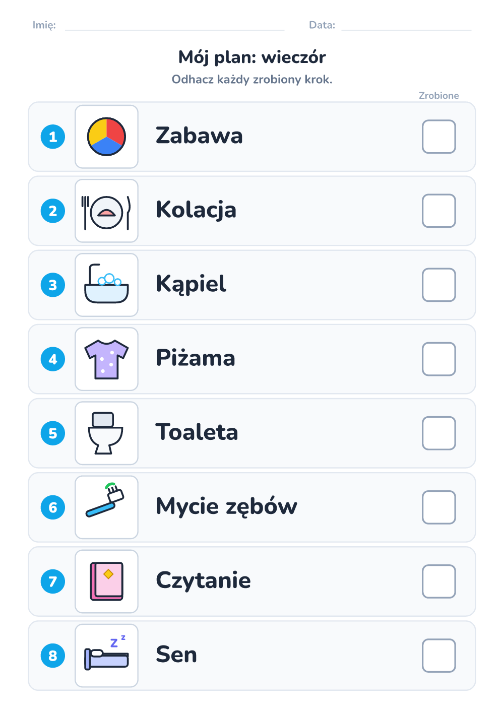 Plan dnia z obrazkami — wieczór (trudny, do druku)
