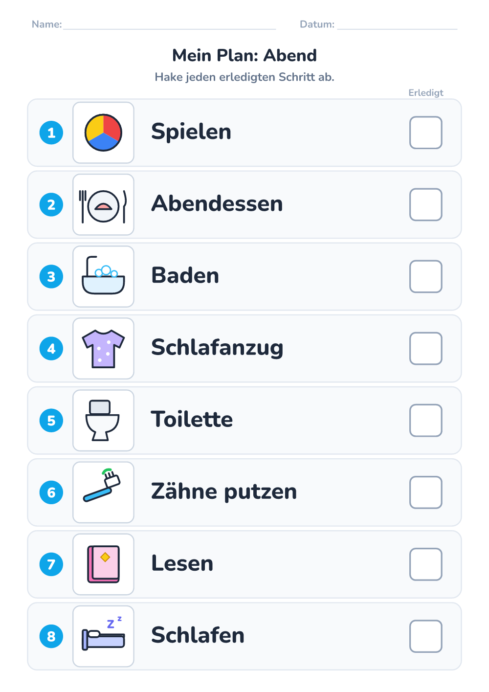 Bilder-Tagesplan — Abend (schwer, zum Ausdrucken)