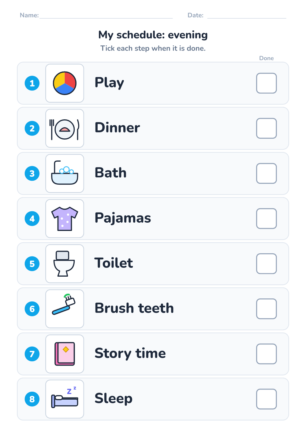 Visual schedule — evening (hard, printable)