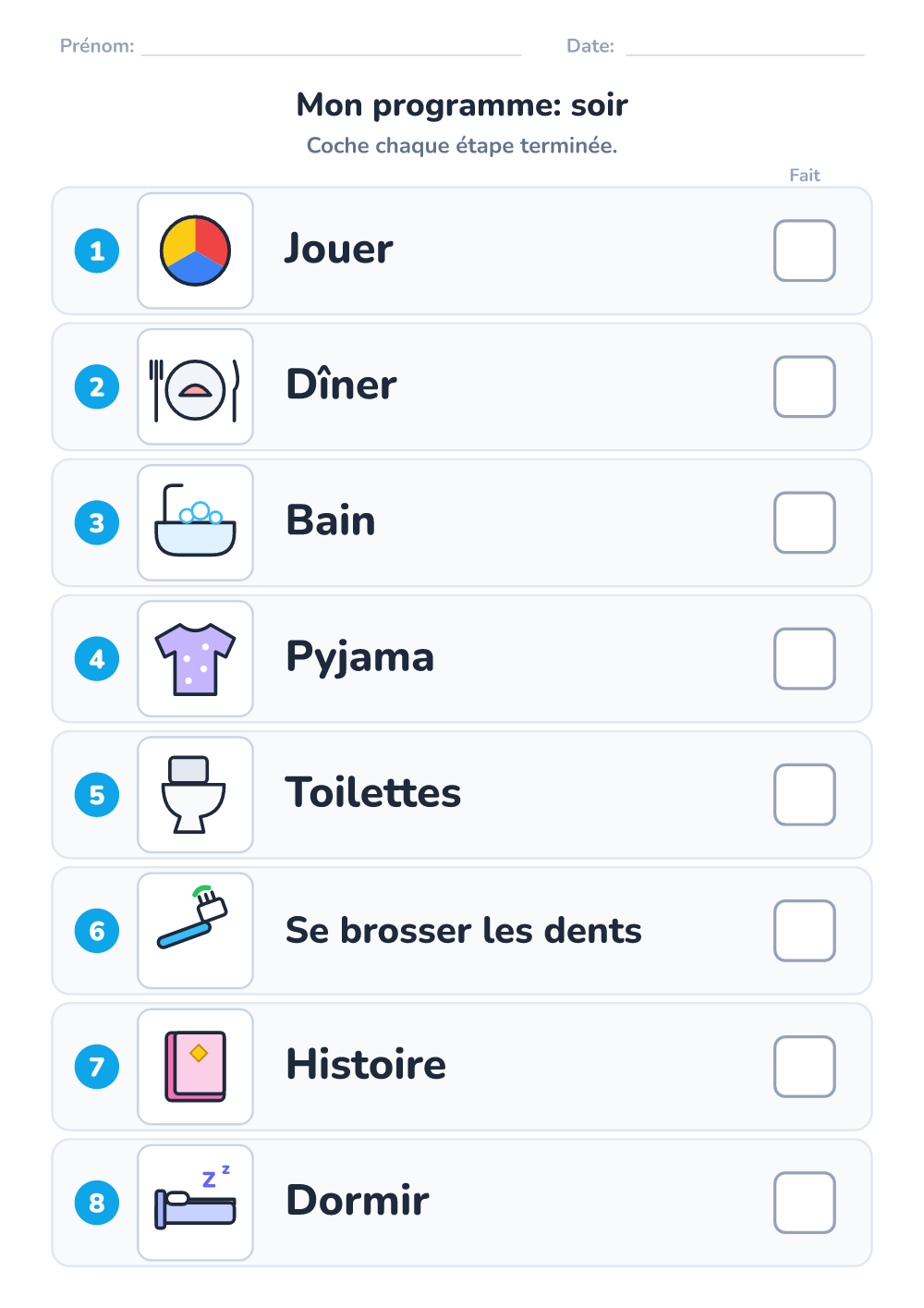 Emploi du temps visuel — soir (difficile, à imprimer)