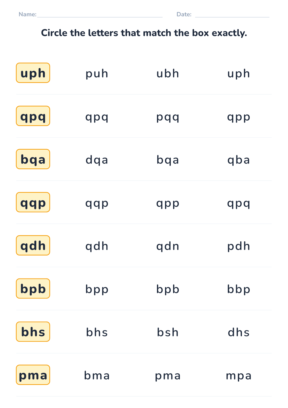 Letter sequence matching (easy, printable)