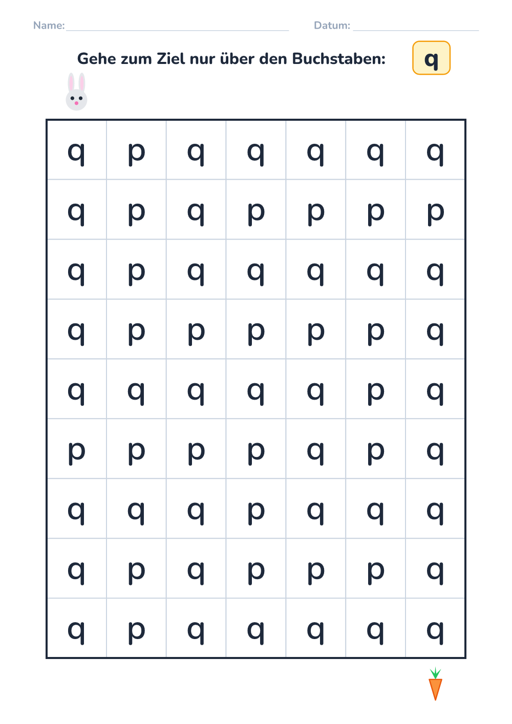 Buchstaben-Labyrinth q (leicht, zum Ausdrucken)