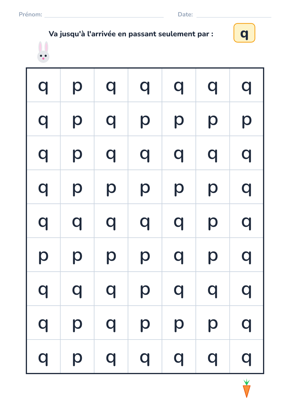 Labyrinthe de lettres q (facile, à imprimer)