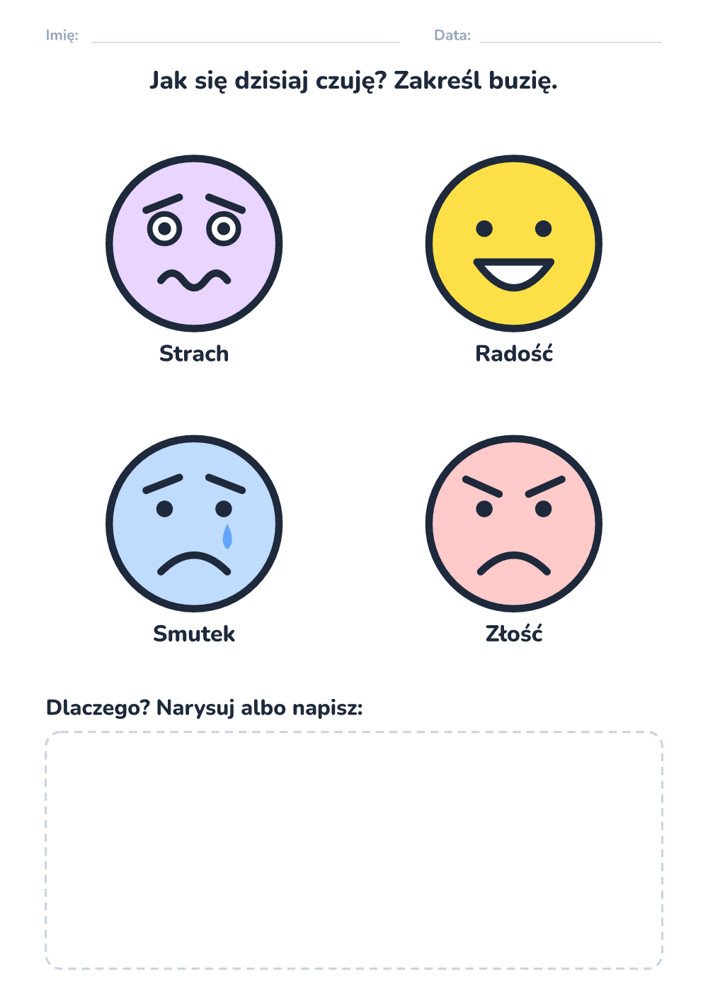 Emocje – karta pracy — jak się dziś czuję (łatwy, do druku)