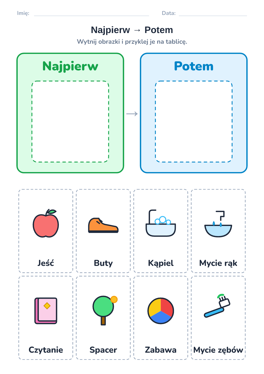 Plan dnia z obrazkami — najpierw – potem (średni, do druku)