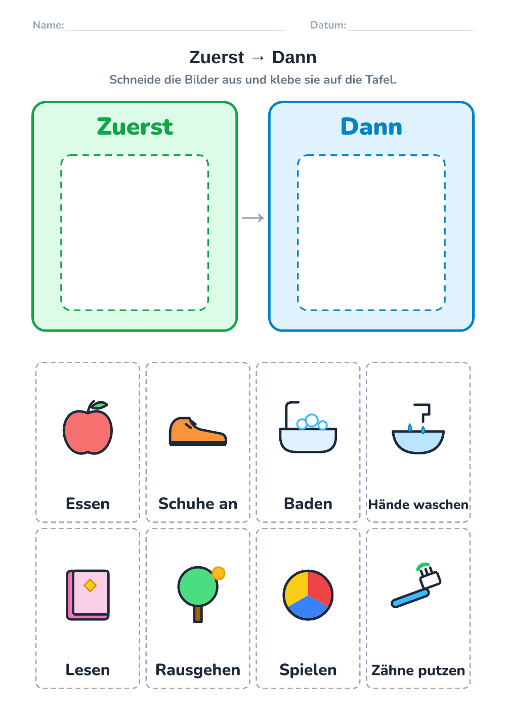 Bilder-Tagesplan — zuerst – dann (mittel, zum Ausdrucken)