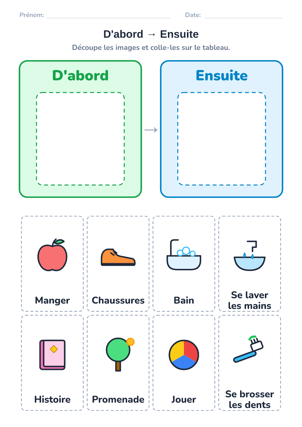 Emploi du temps visuel — d'abord – ensuite (moyen, à imprimer)