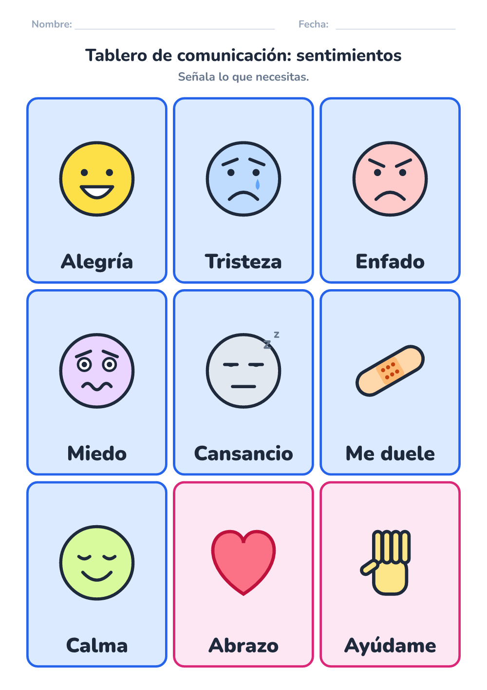 Tablero de comunicación — sentimientos (medio, para imprimir)