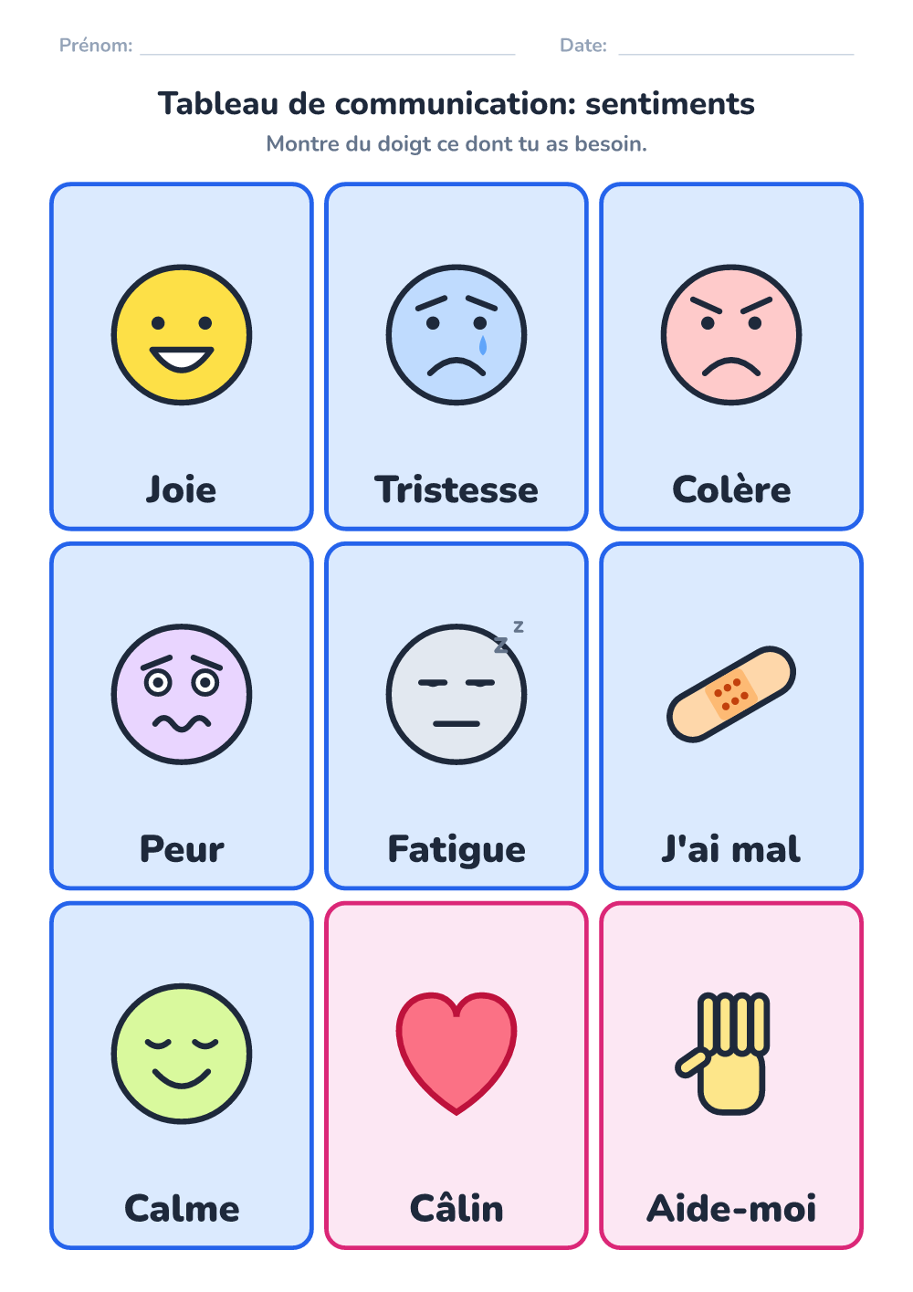 Tableau de communication — sentiments (moyen, à imprimer)