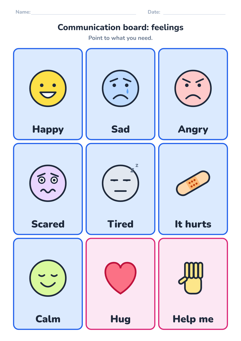 Communication board — feelings (medium, printable)