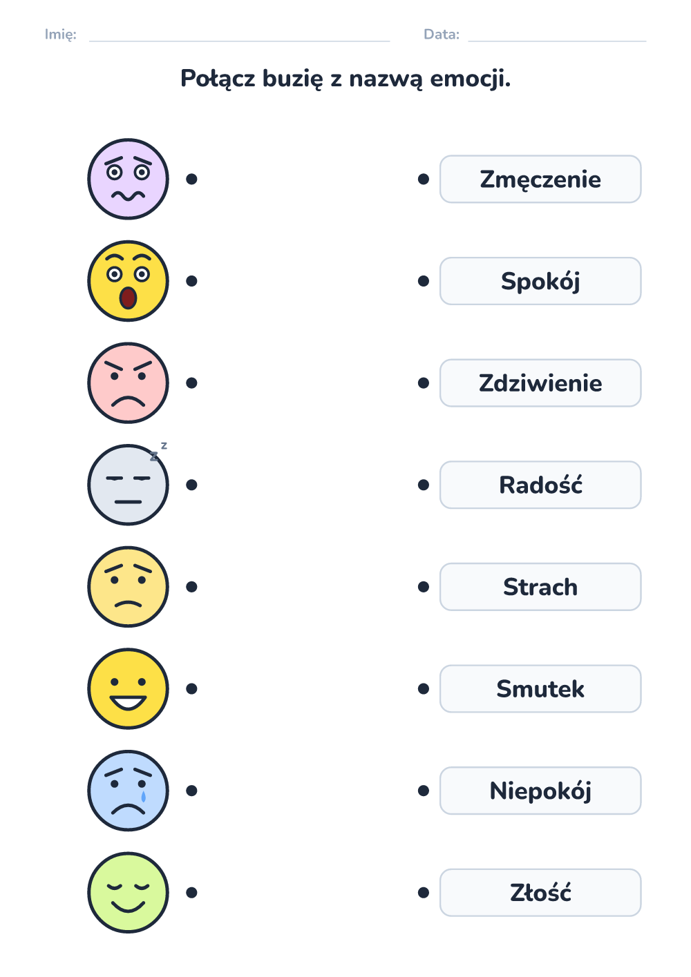 Emocje – karta pracy — połącz buzię z nazwą (trudny, do druku)