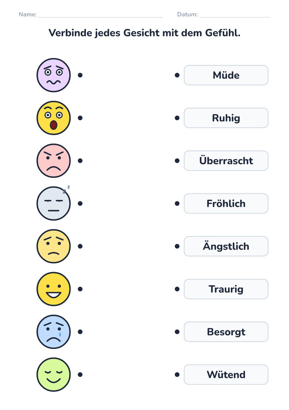 Gefühle – Arbeitsblatt — Gesicht und Wort verbinden (schwer, zum Ausdrucken)