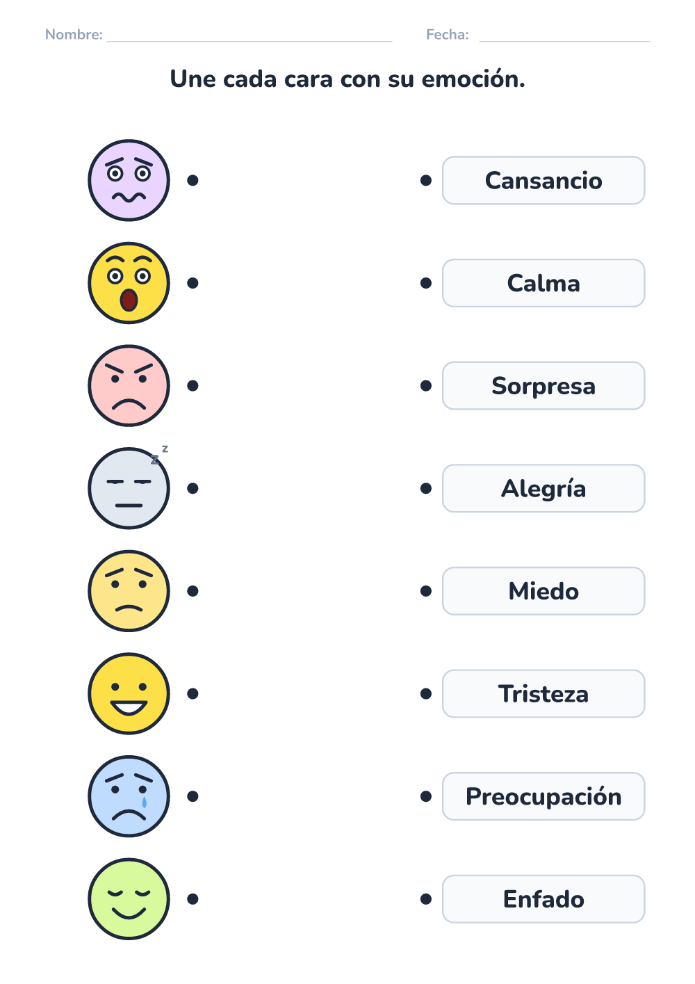 Emociones – ficha — une cara y nombre (difícil, para imprimir)
