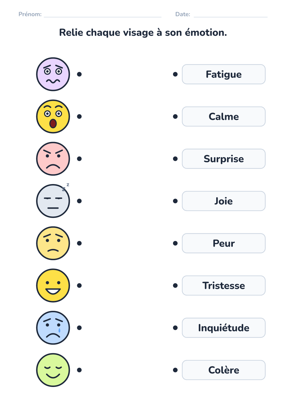Émotions – fiche — relie visage et mot (difficile, à imprimer)
