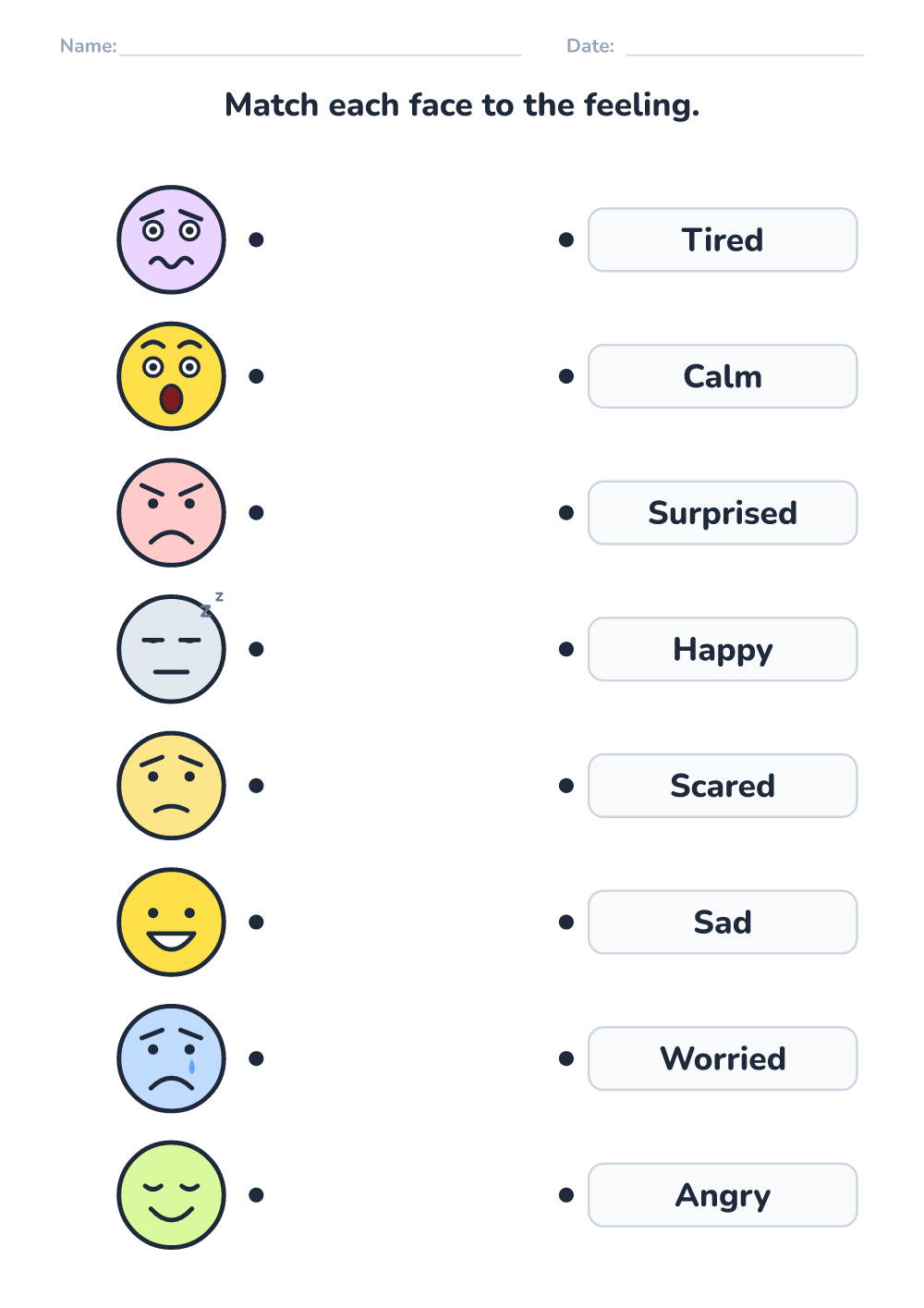 Emotions worksheet — match face and word (hard, printable)