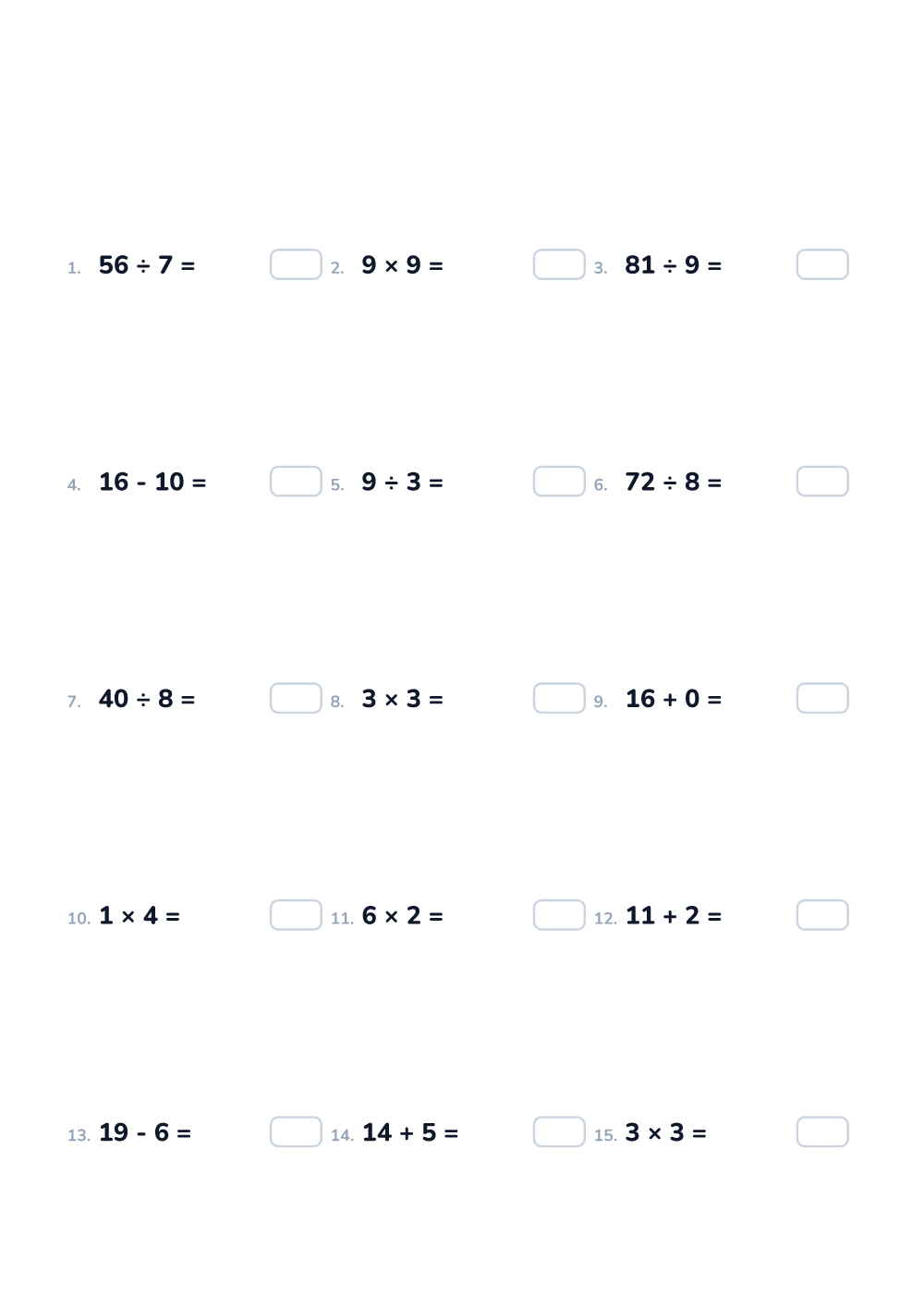 Math worksheet — Mixed operations up to 20, medium (printable)